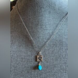 New MJI Silver Turquoise Necklace Chinese Symbol “Love” Pendant Dainty Italian
